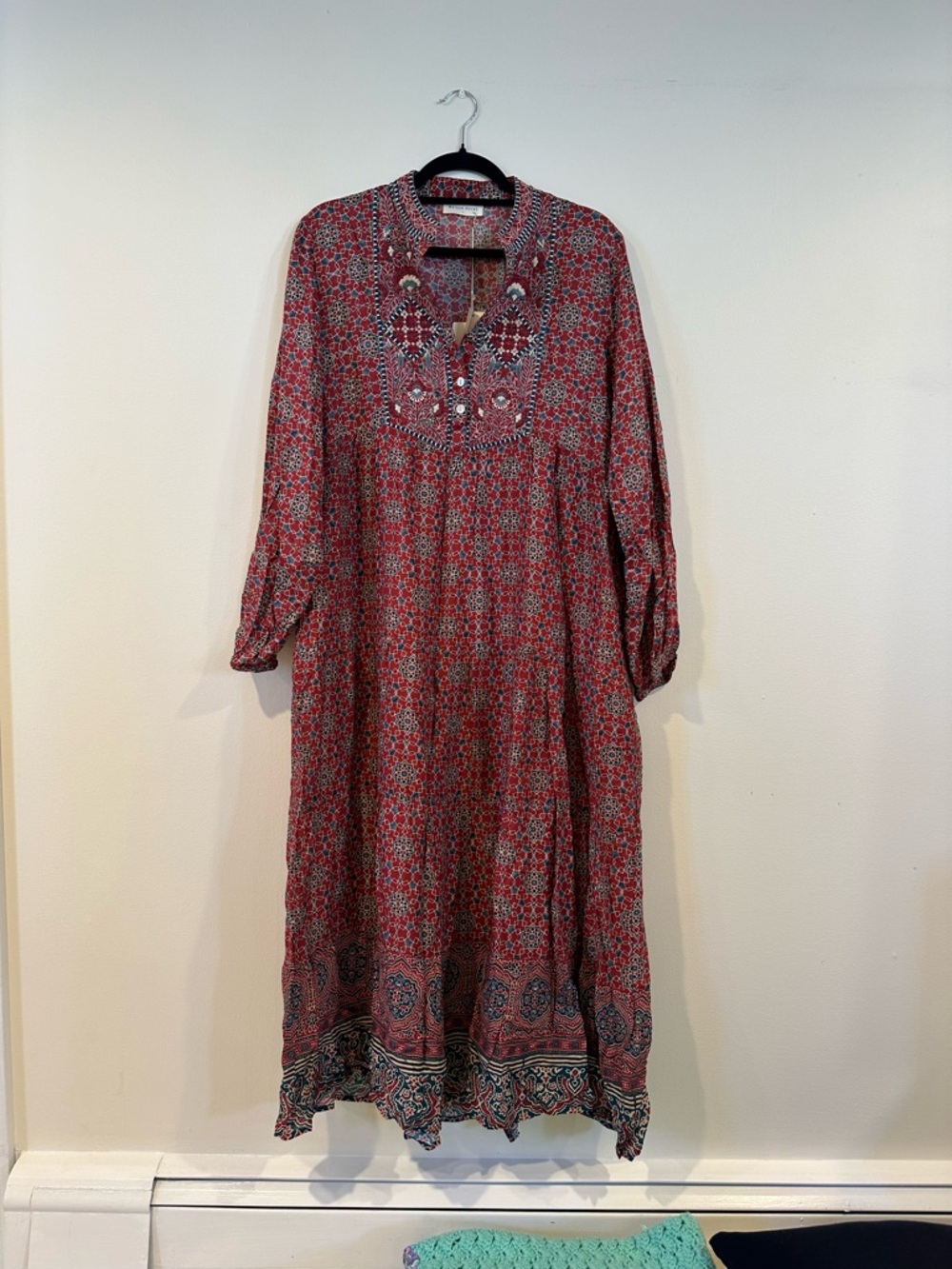 Embroidered Red Floral Long-Sleeve Maxi Dress